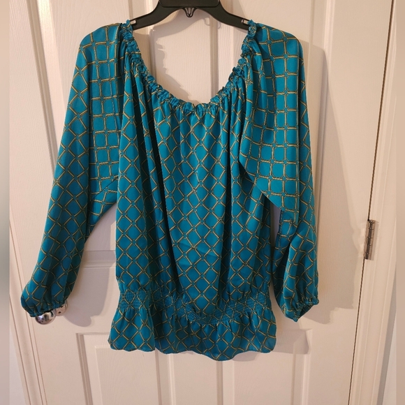 Michael Kors Long Sleeve Teal & Gold Chain Link Blouse Size L - Picture 3 of 5